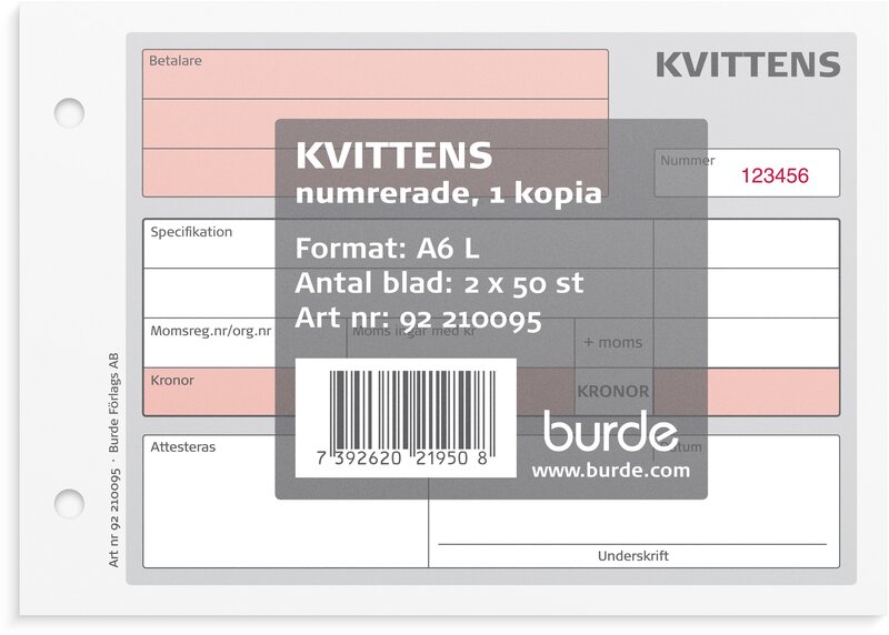 Kvittens A6L med 1 kopia numrerade. 2 x 50 blad